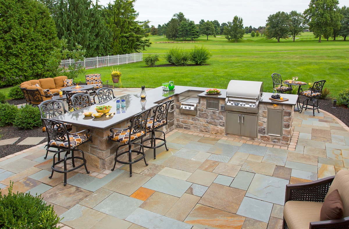 flagstone patio with outdoor kitchen and view of golf course in York, PA